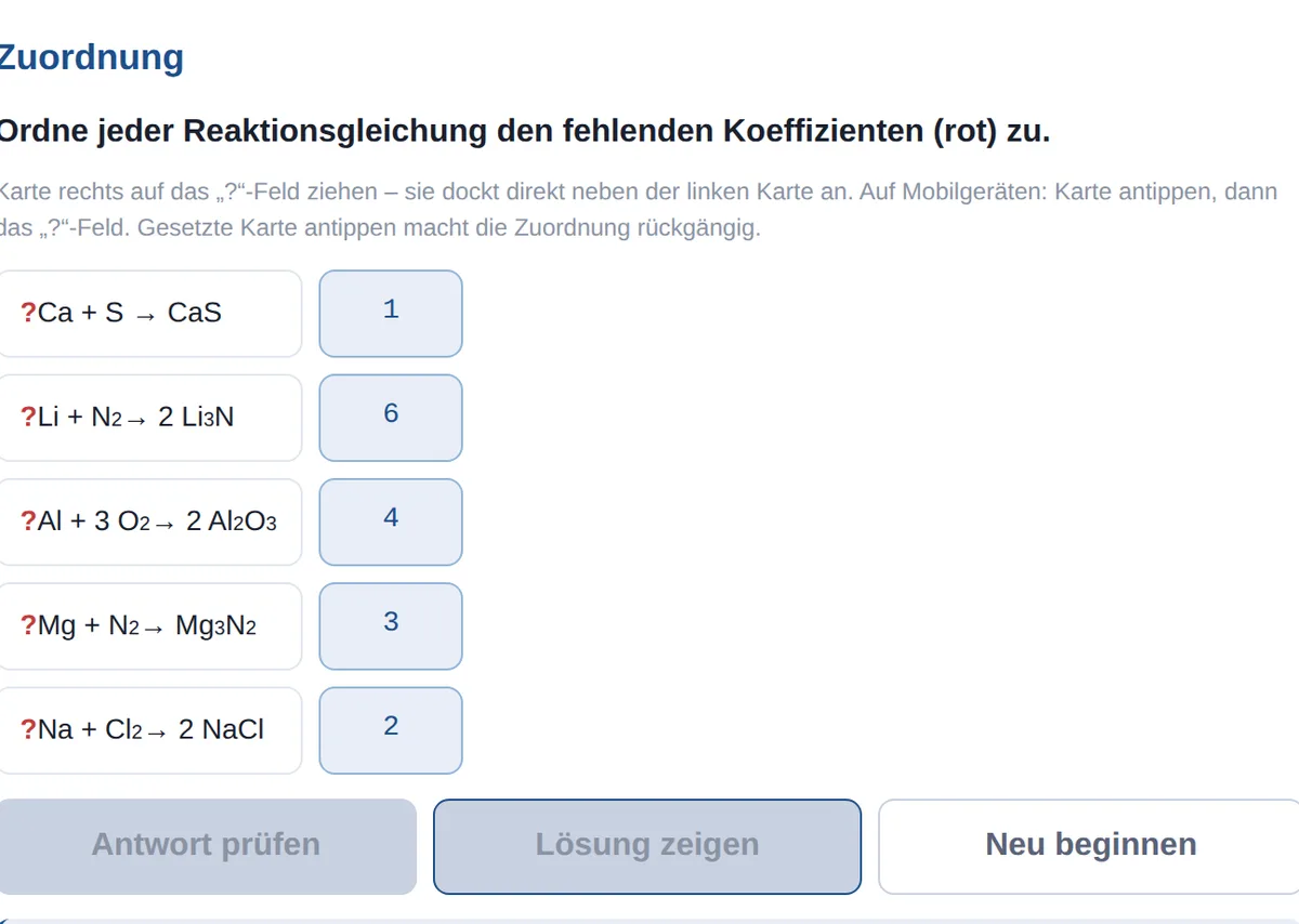 Vorschau Koeffizienten in Reaktionsgleichungen